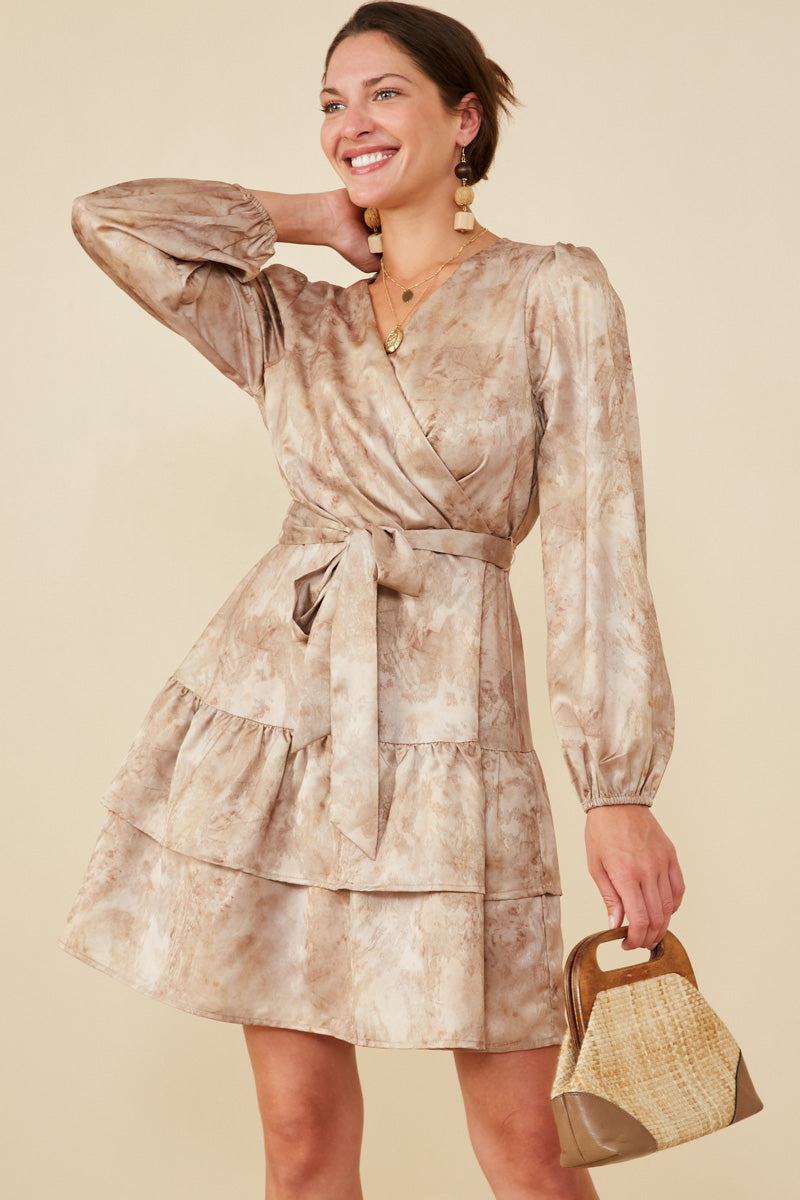 HB0035 Taupe Womens Abstract Print Belted Satin Wrap Dress Back