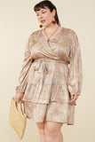 HB0035 Taupe Womens Abstract Print Belted Satin Wrap Dress Pose