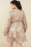 HB0035W Taupe Plus Abstract Print Belted Satin Wrap Dress Full Body