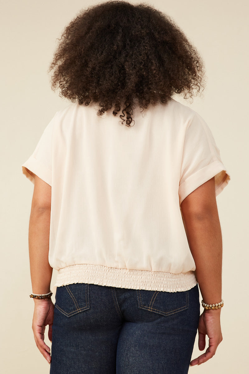 HB0068W Champagne Plus Tie Detail Surplice Dolman Sleeve Top Full Body