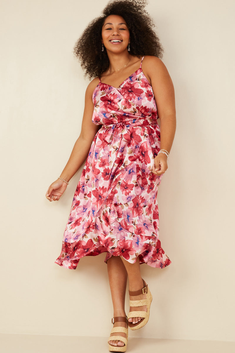 HB0207W Pink Plus Romantic Floral Surplice Belted Satin Dress Full Body