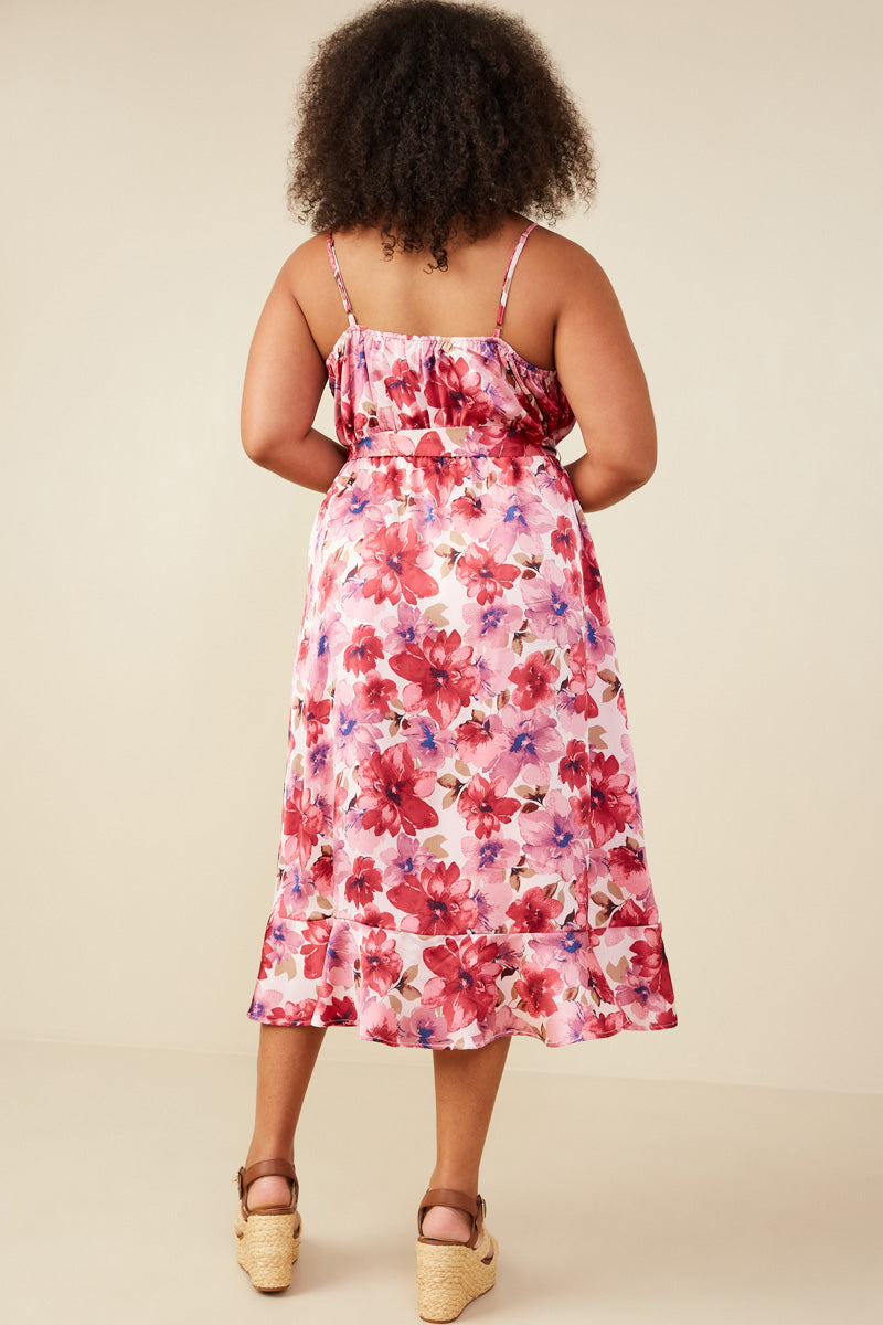 HB0207W Pink Plus Romantic Floral Surplice Belted Satin Dress Front