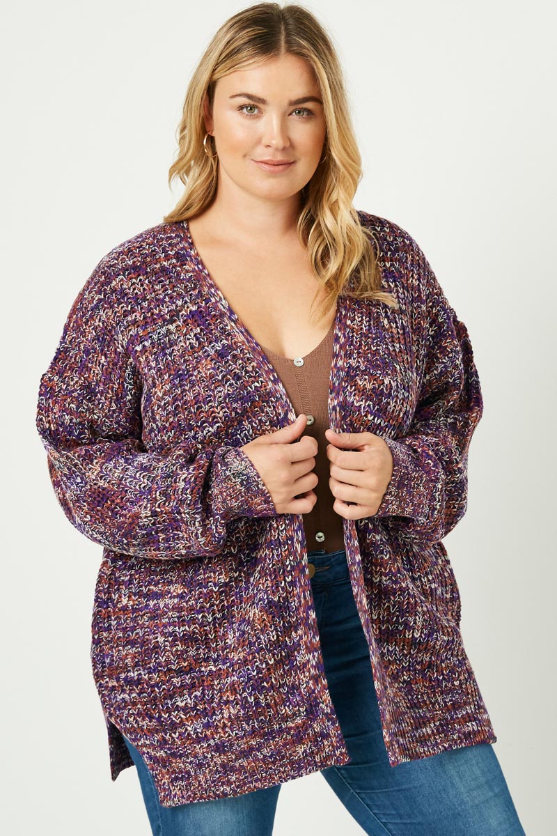 HC1320 Purple Mix Womens Multi-Color Yarn Knit Sweater Cardigan Full Body