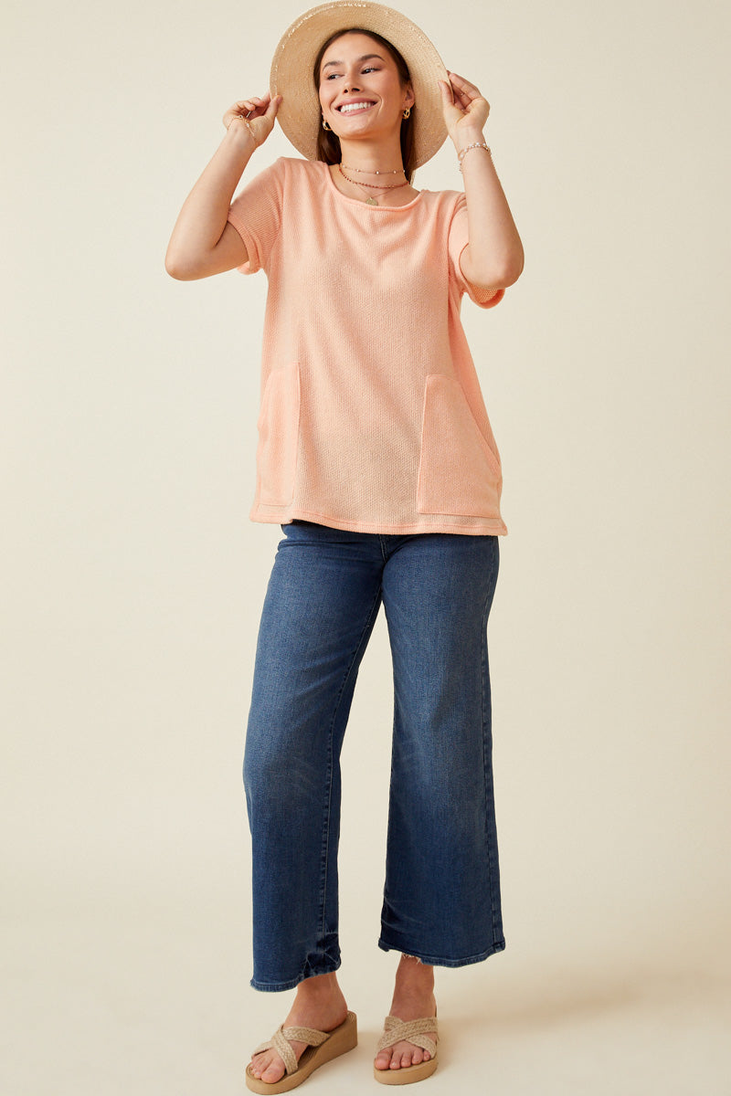 HDK1787W Coral Plus Waffle Knit Patch Pocket Short Sleeve Dolman Top Front