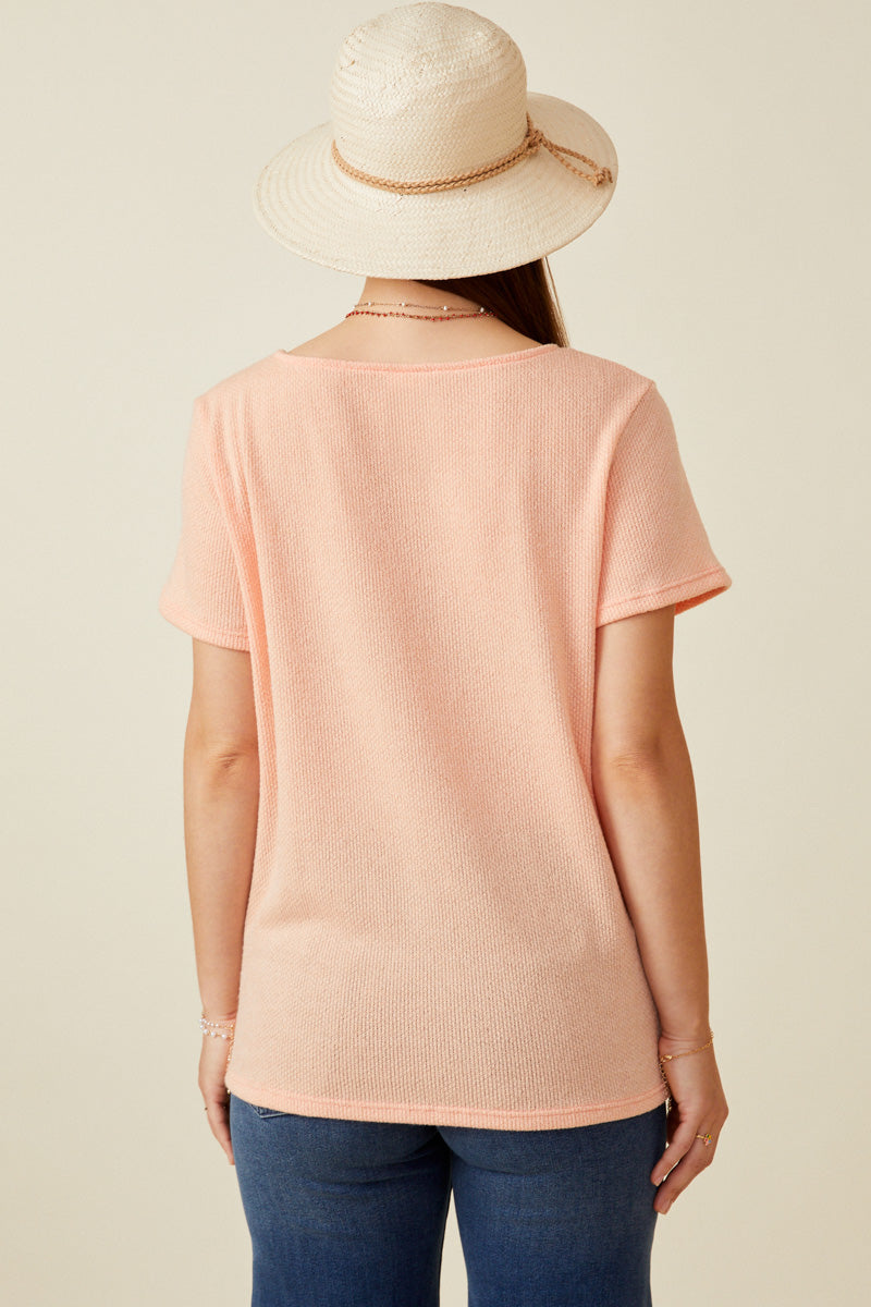 HDK1787 Coral Womens Waffle Knit Patch Pocket Short Sleeve Dolman Top Full Body