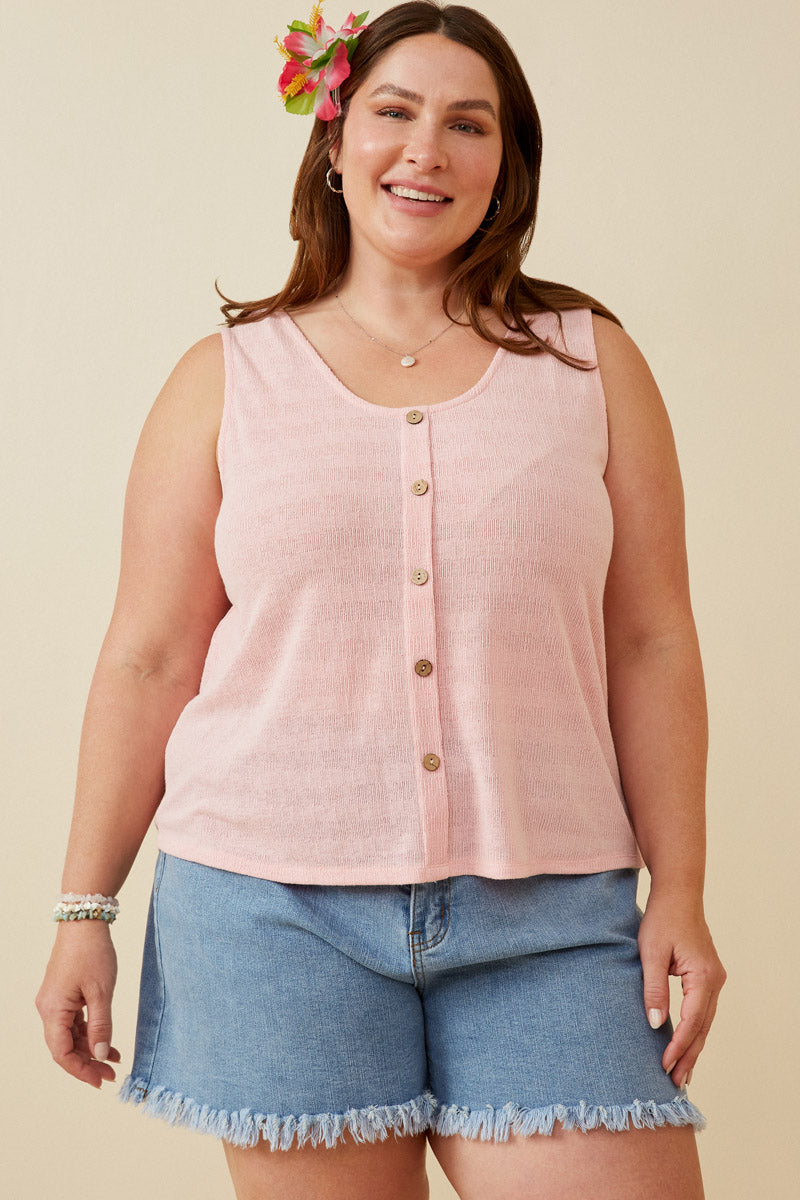 HDK1909W Blue Plus Patterned Button Detail Knit Tank Front
