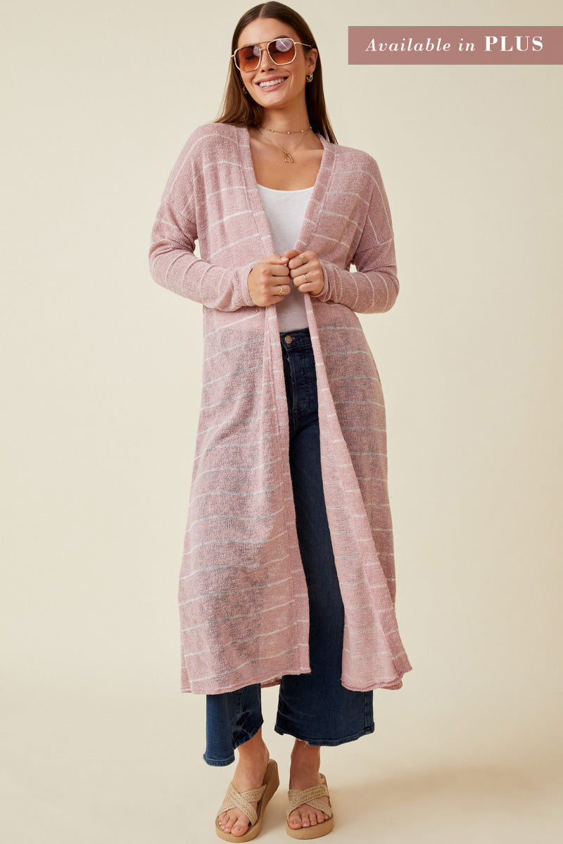 HDY7116 Blue Womens Loose Knit Striped Open Duster Front