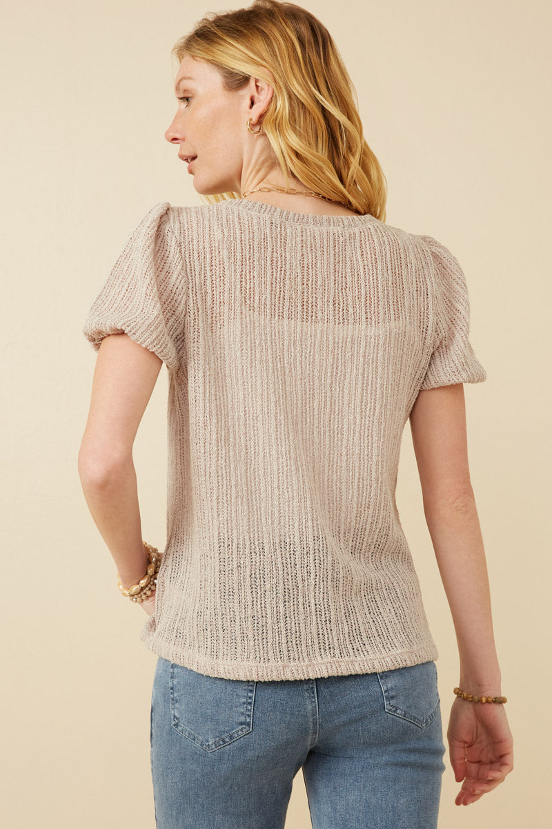 HDY7144 Brown Womens Ribbed Knit Textured Puff Sleeve Top Side