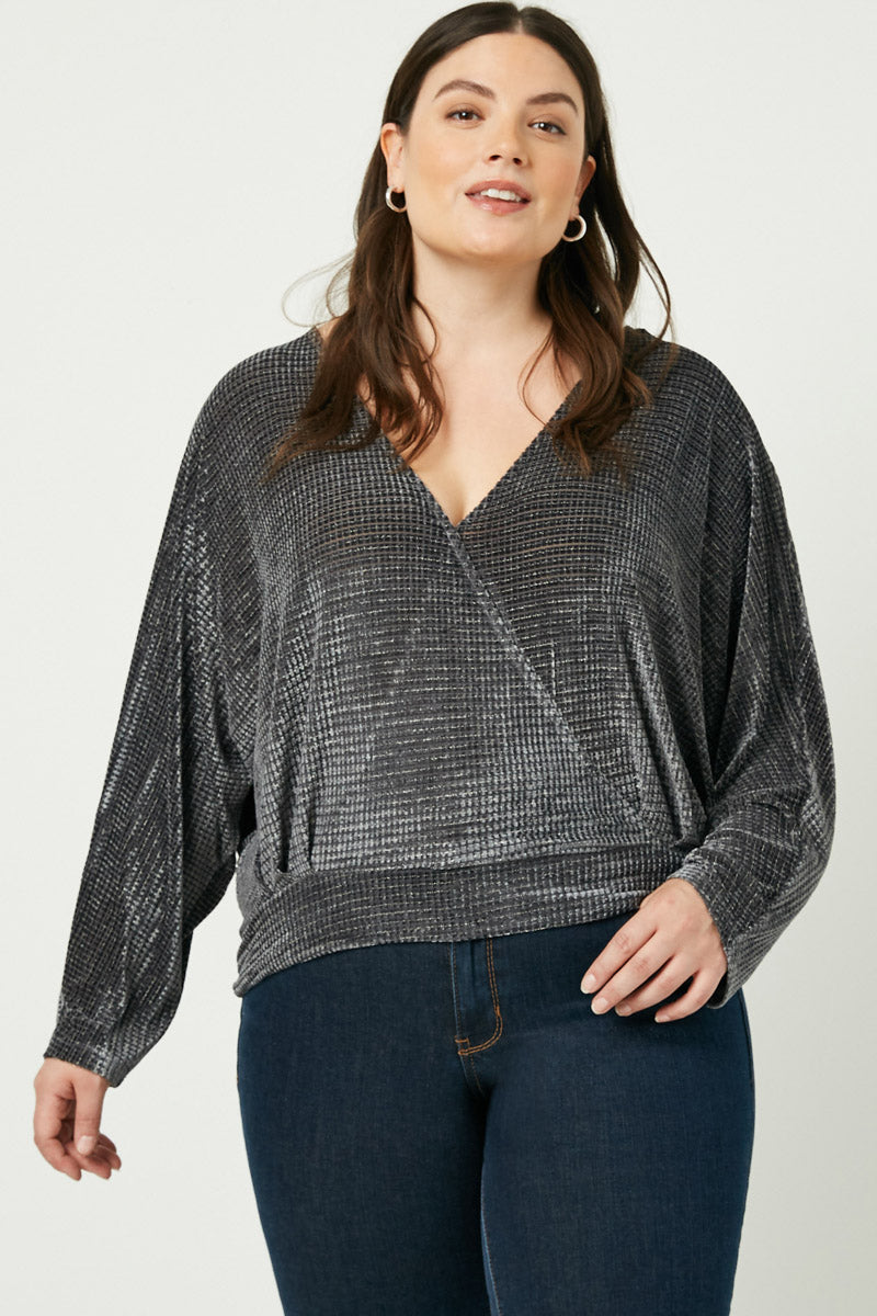 HJ3099 Mocha Womens Surplice Textured Velvet Top Pose