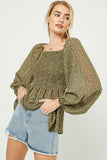 HJ3145W Olive Plus Square Neck Smocked Ditsy Floral Top Gif
