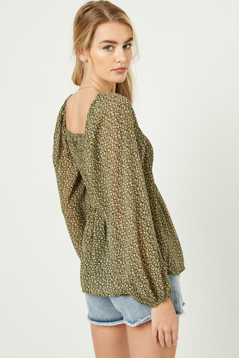 HJ3145W Olive Plus Square Neck Smocked Ditsy Floral Top Alternate Angle