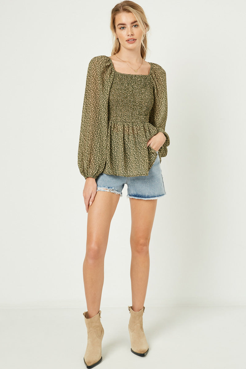 HJ3145W Olive Plus Square Neck Smocked Ditsy Floral Top Back