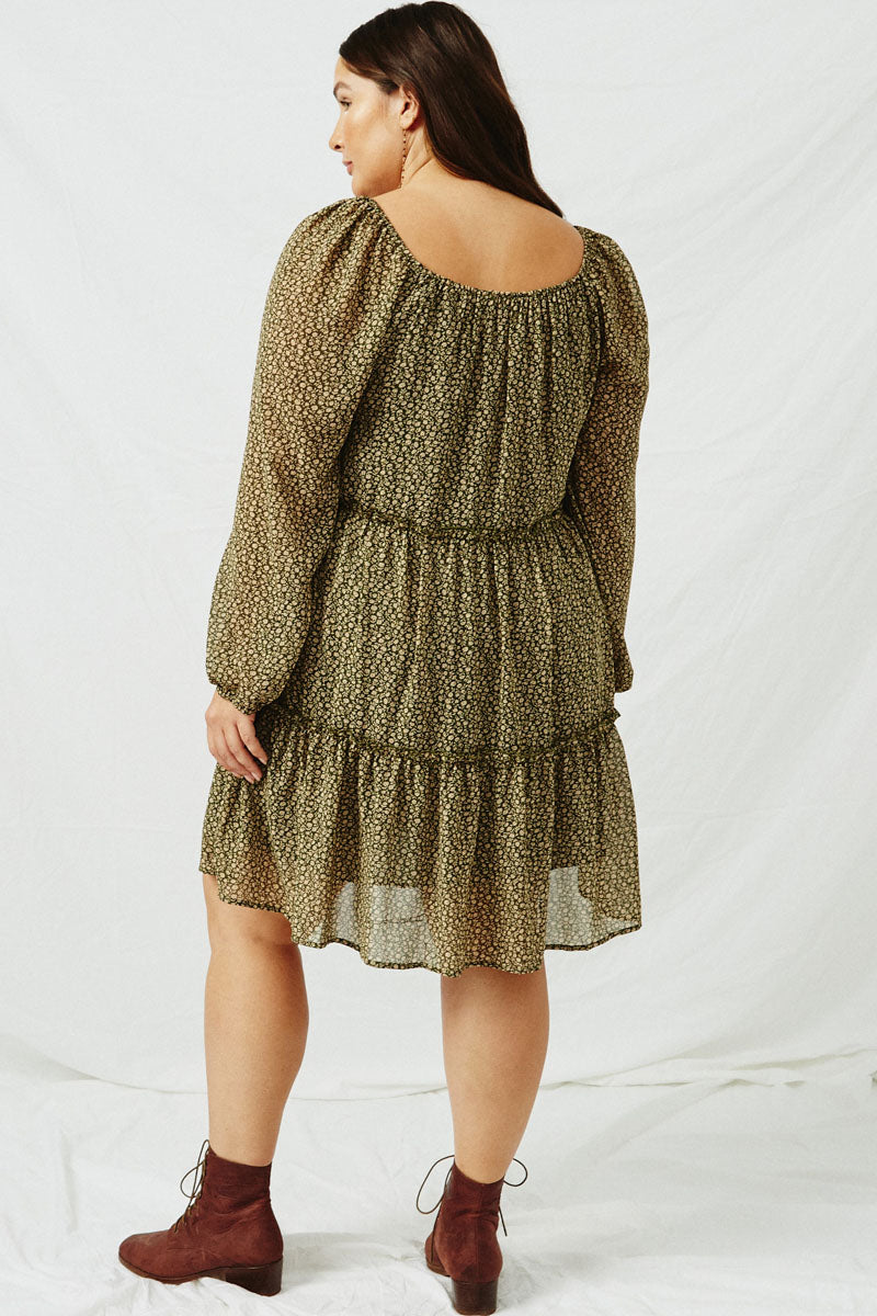 HJ3146 OLIVE Womens Tiered Ditsy Print Long Sleeve Dress Full Body
