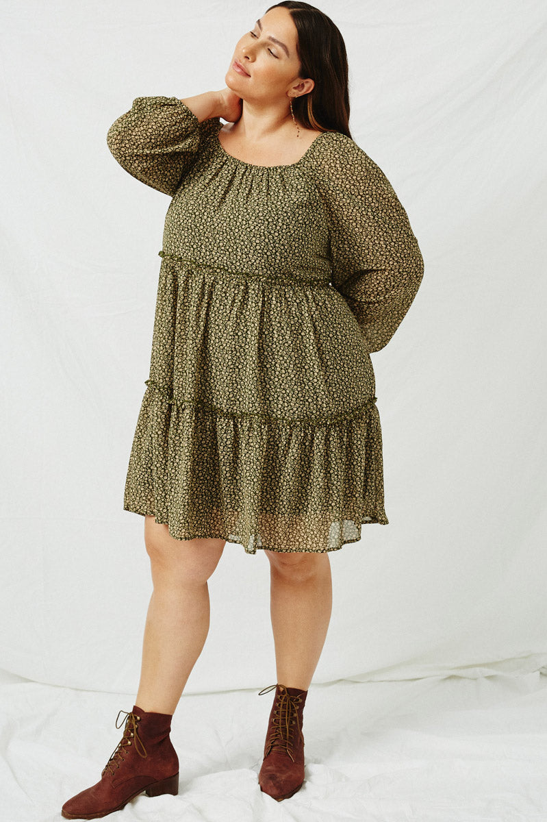 HJ3146 OLIVE Womens Tiered Ditsy Print Long Sleeve Dress Back