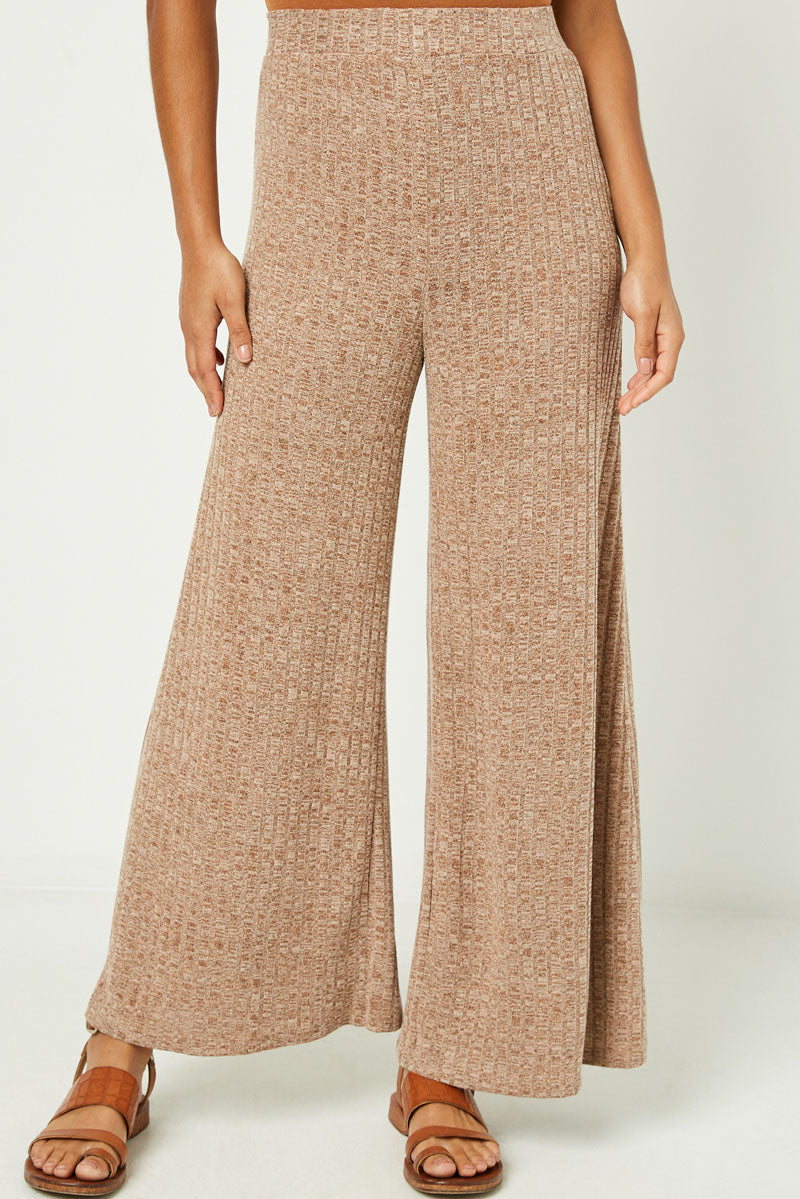 HJ3174 Mocha Womens Heathered Ribbed Wide Leg Knit Lounge Pants Front