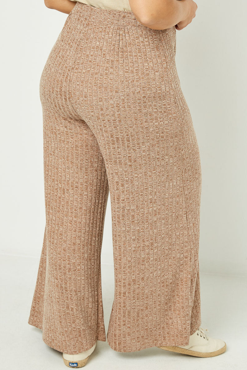 HJ3174 Mocha Womens Heathered Ribbed Wide Leg Knit Lounge Pants Back