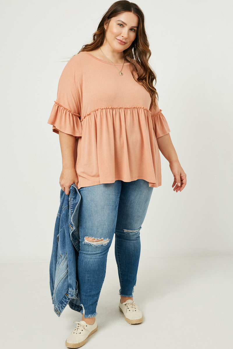 HJ3197 Light Blue Womens Ruffle Detail Peplum Knit Top Full Body