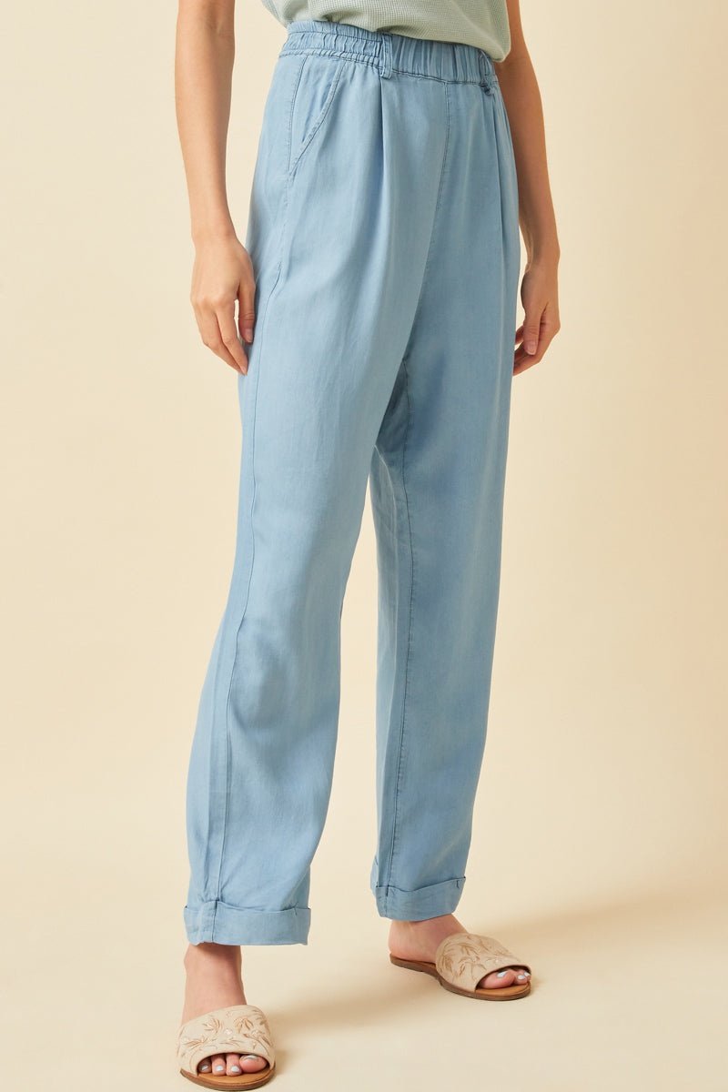 HK1011W Light Denim Plus Washed Tencel Elastic Waist Wideleg Pants Side