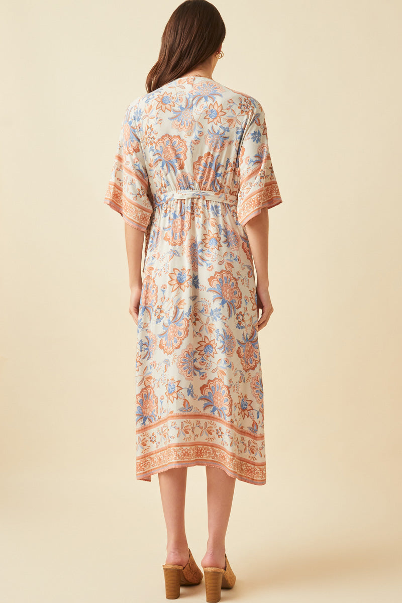 HK1159W Cream Plus Border Print Side Tie Wrap Dress Front