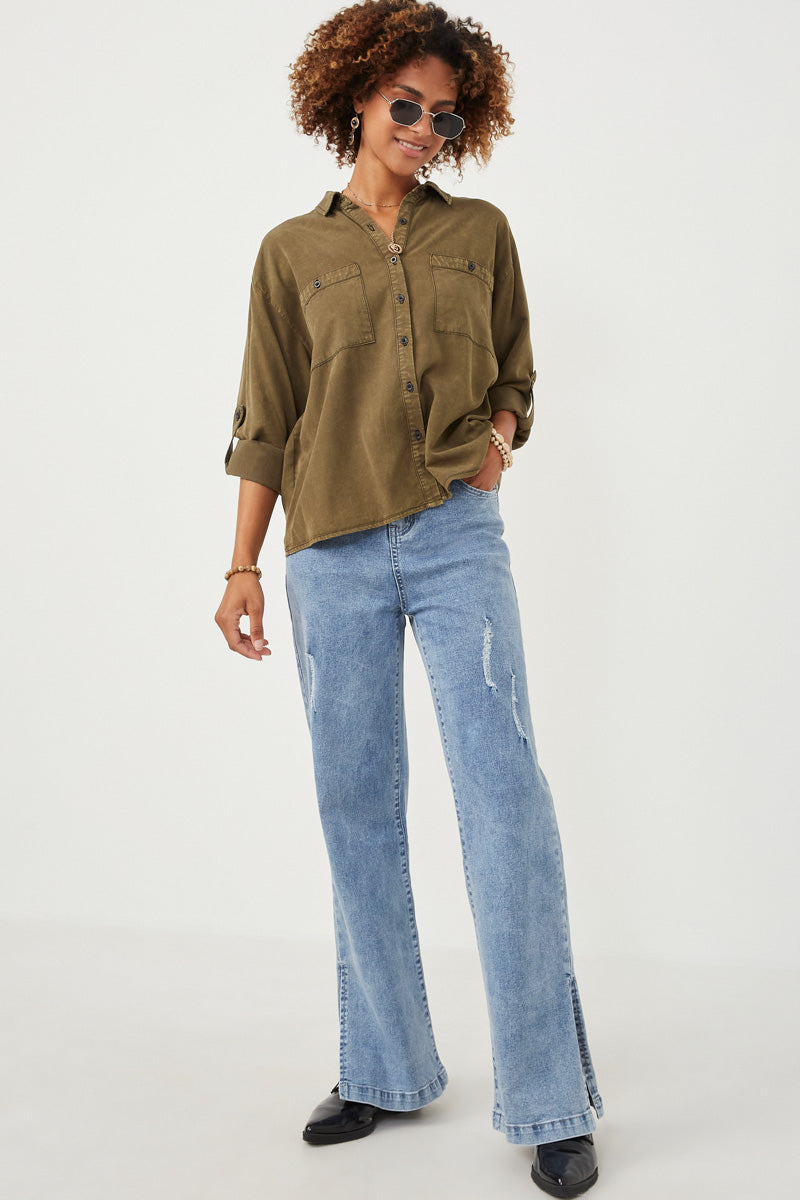 HK1191W Charcoal Plus Garment Dyed Tencel Button Up Shirt Side