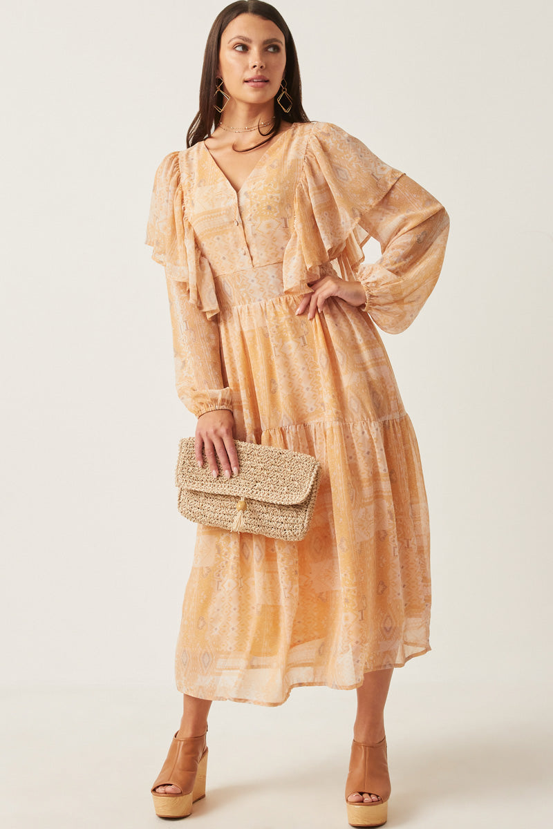 HK1223 Tan Womens Patch print V Neck Ruffled Long Sleeve Dress Full Body