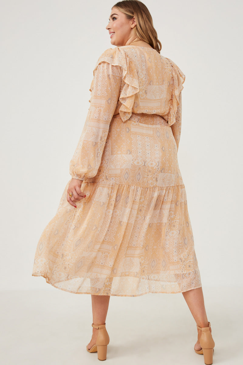 HK1223W Tan Plus Patch print V Neck Ruffled Long Sleeve Dress Back