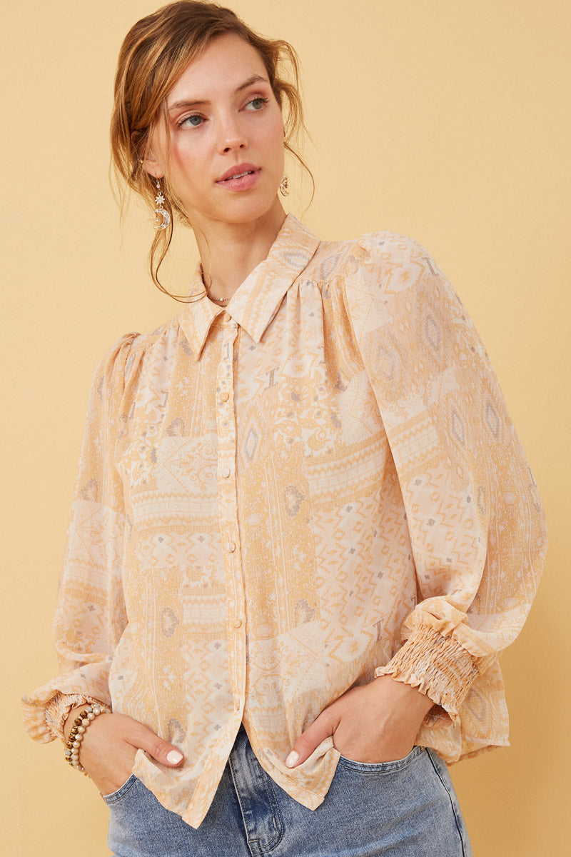 HK1224W Olive Plus Patch print Smocked Cuff Collared Shirt Front