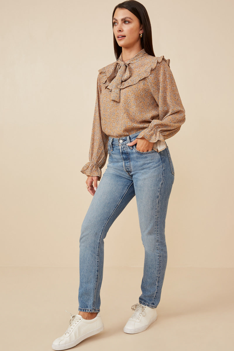 HK1235W Mustard Plus Ditsy Floral Bib Top With Tie Full Body 2