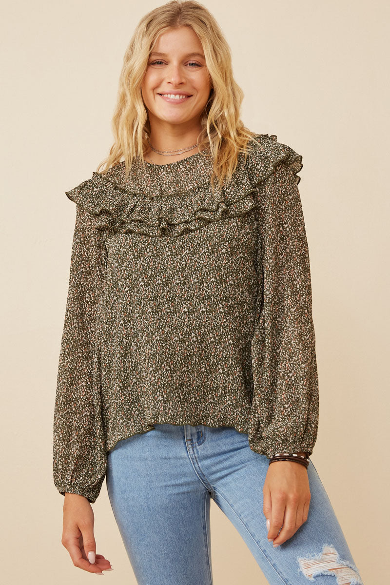 HK1307W Olive Plus Ditsy Floral Long Sleeve Ruffle Bibbed Top Back