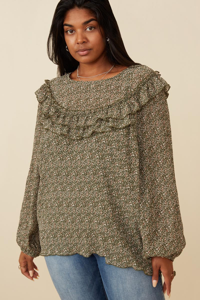 HK1307 Olive Womens Ditsy Floral Long Sleeve Ruffle Bibbed Top Front