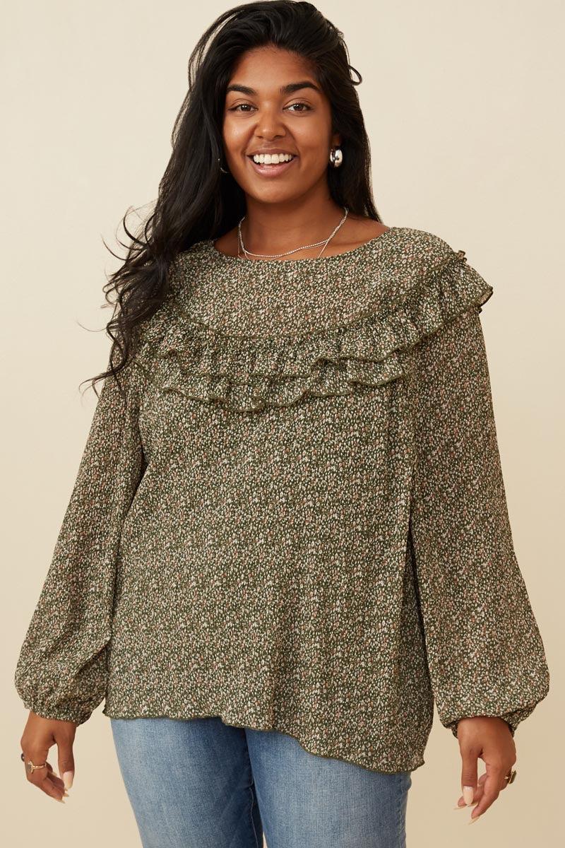 HK1307W Olive Plus Ditsy Floral Long Sleeve Ruffle Bibbed Top Detail