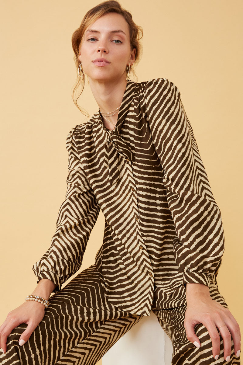 HK1331W Mocha Plus Animal Print Long Sleeve Tie Detail Shirt Front