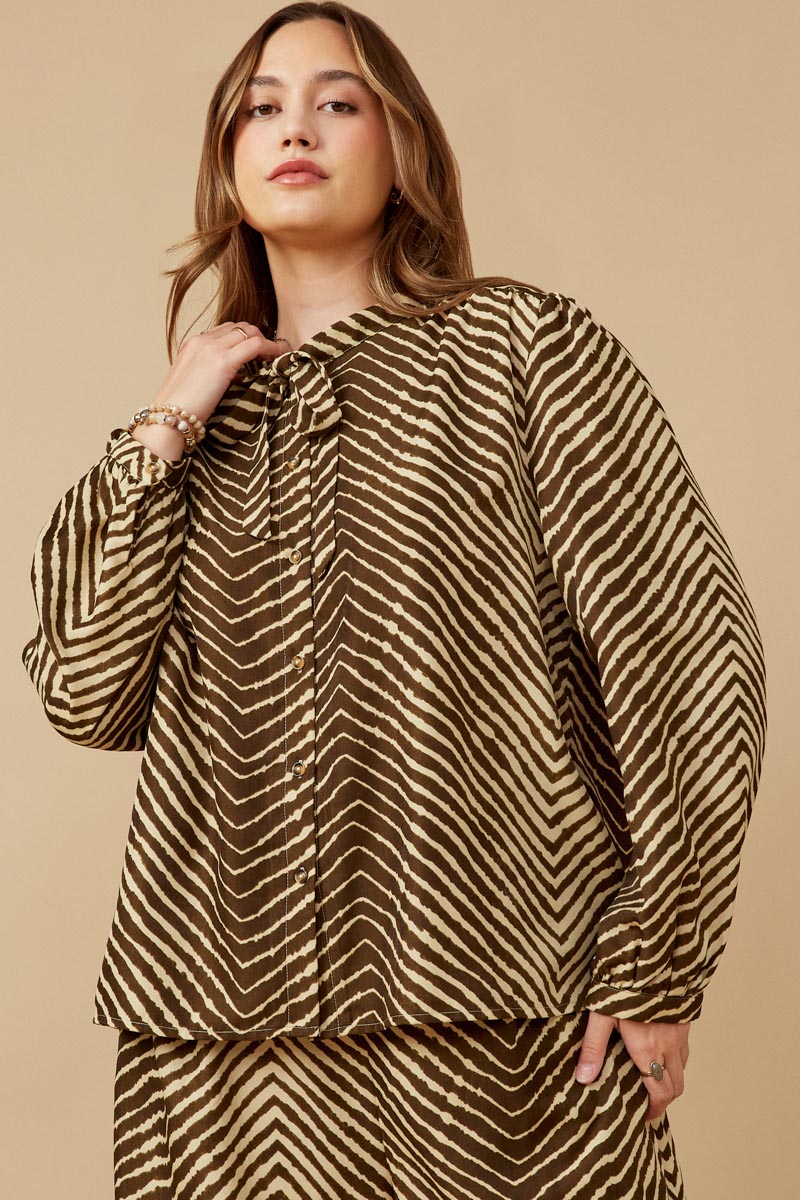 HK1331 Mocha Womens Animal Print Long Sleeve Tie Detail Shirt Front