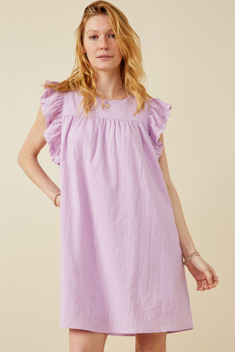 HK1375 LAVENDER Womens Textured Lace Trim Ruffle Sleeve Top Front