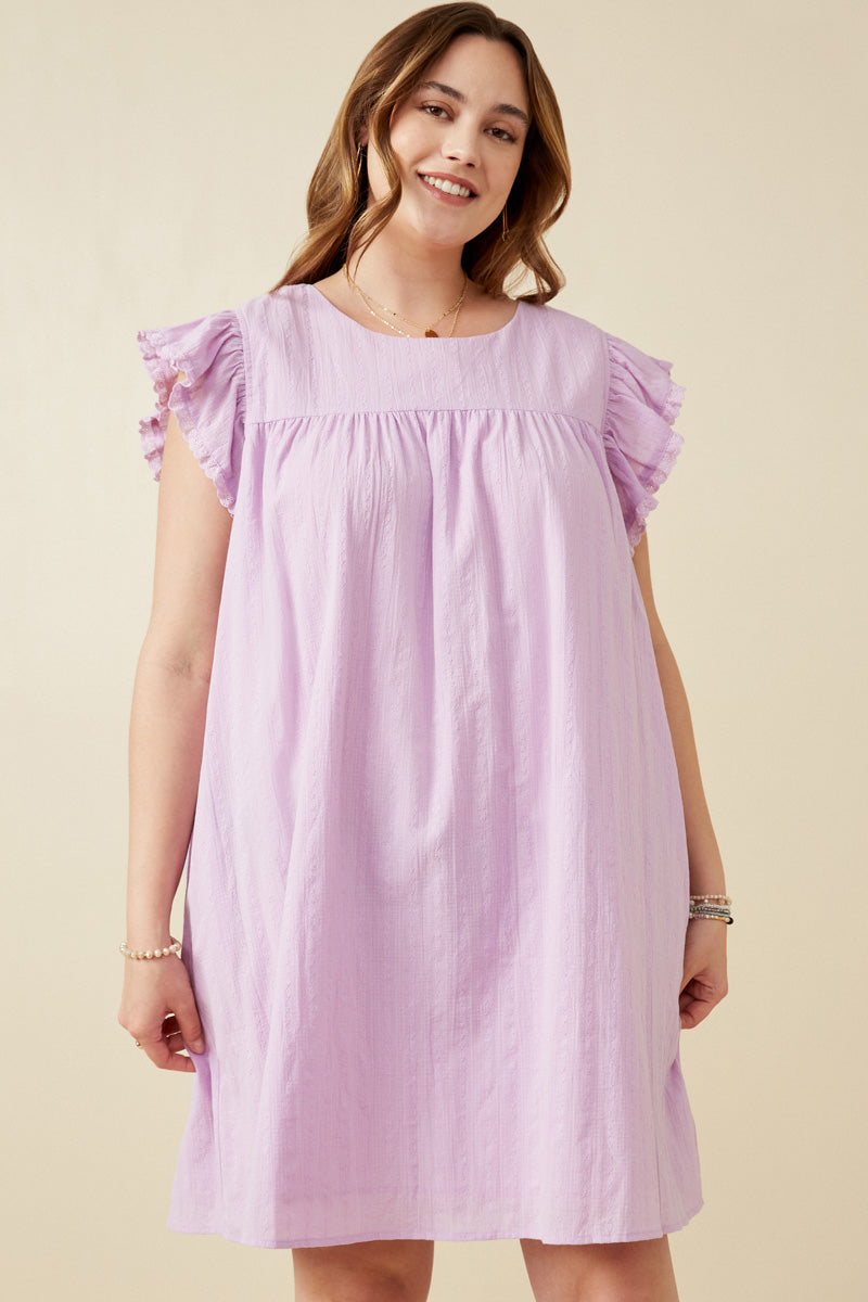 HK1375W LAVENDER Plus Textured Lace Trim Ruffle Sleeve Top Front