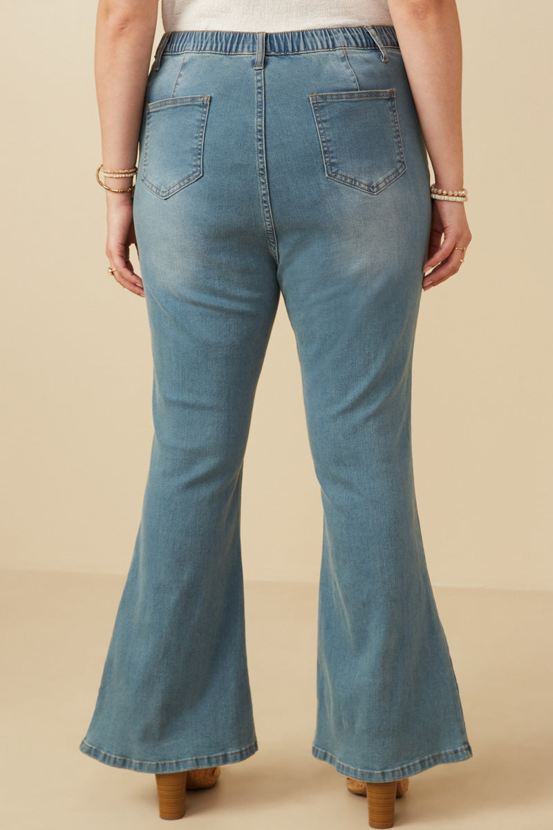 HK1396 DENIM Womens Flared Elastic Waist Stretch Denim Jeans Side