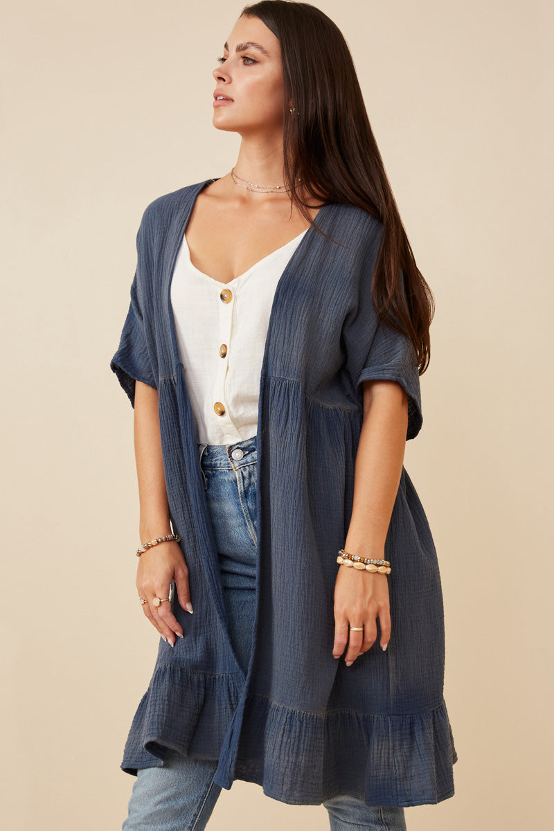 HK1438 Blue Womens Washed Textured Short Sleeve Kimono Front 2