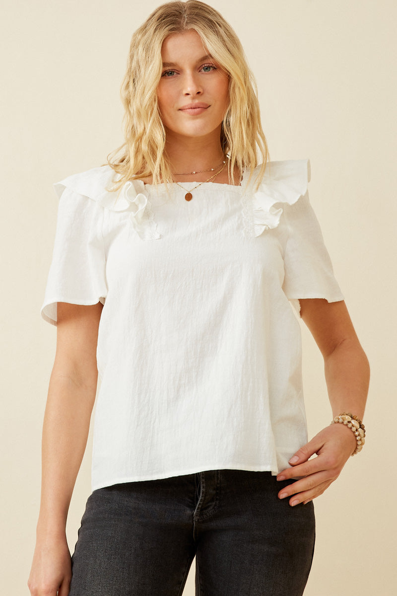 HK1736 OFF WHITE Womens Lace Trimmed Wide Ruffle Detail Top Front
