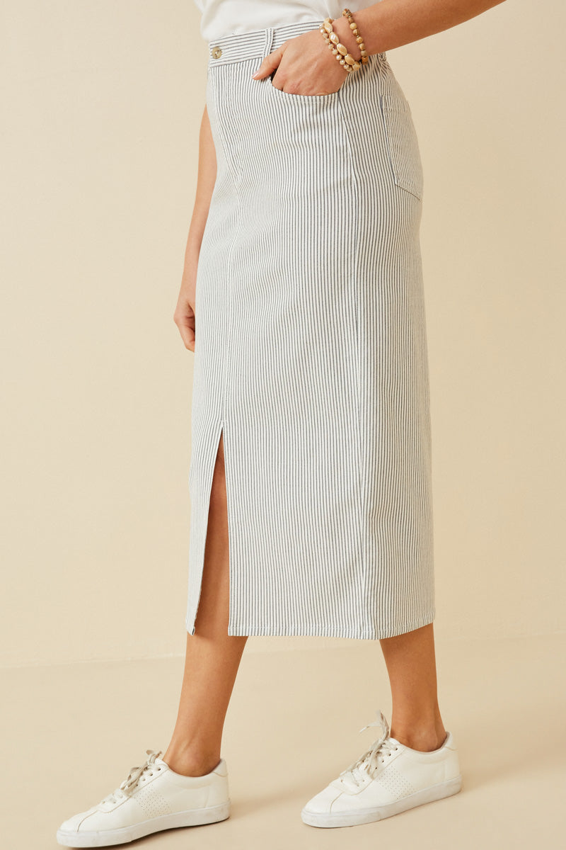 HK1749W White Plus Stretch Pinstripe Front Slit Skirt Side