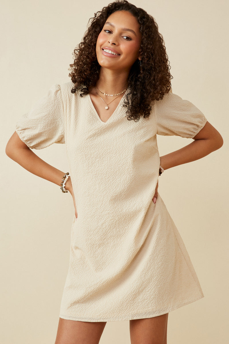 HK1894 Beige Womens Seersucker Texured V Neck Puff Sleeve Dress Front