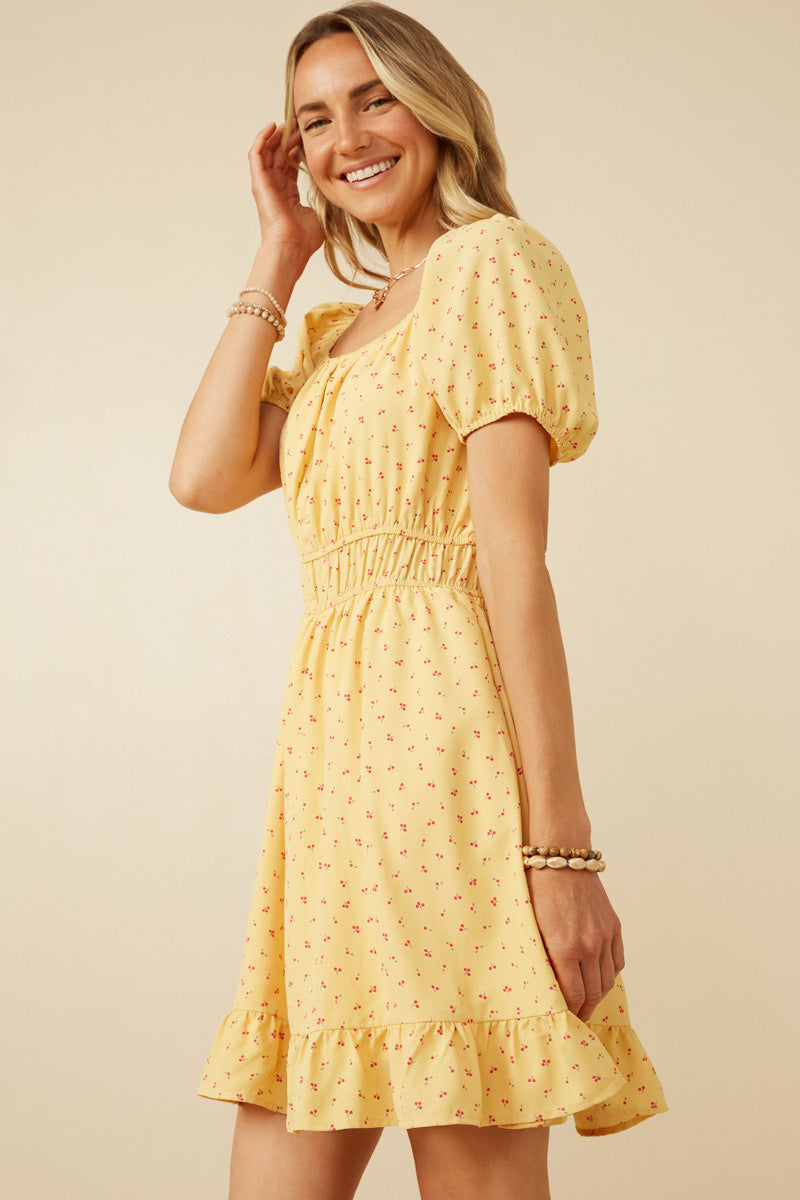 HK1915 Yellow Womens Ditsy Print Button Detail Square Neck Puff Sleeve Dress Back