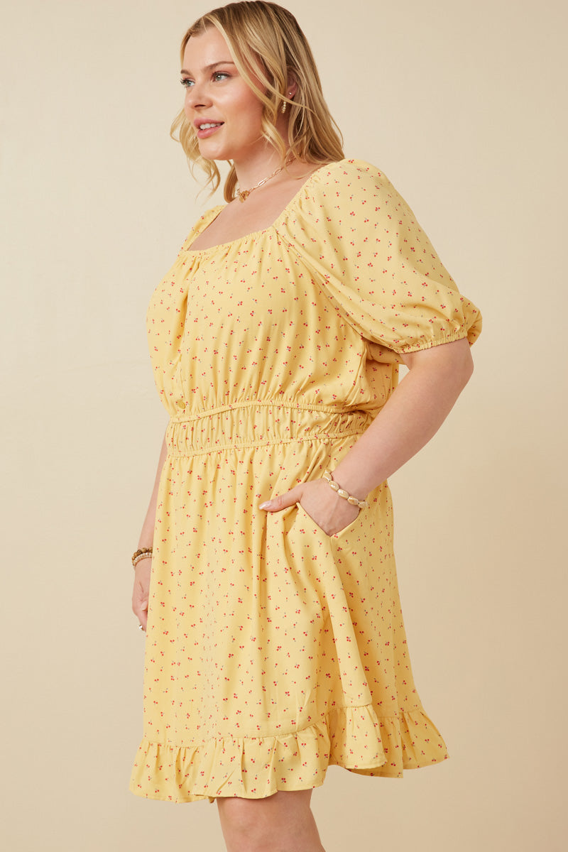 HK1915W Yellow Plus Ditsy Print Button Detail Square Neck Puff Sleeve Dress Detail