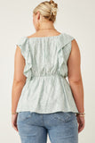 HK1930W Sage Womens Handkerchief Print Smocked Ruffle Tank Front 2