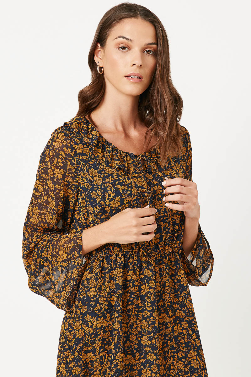 HN4097W MUSTARD Plus Ruffle Collar Long Sleeve Chiffon Dress Side
