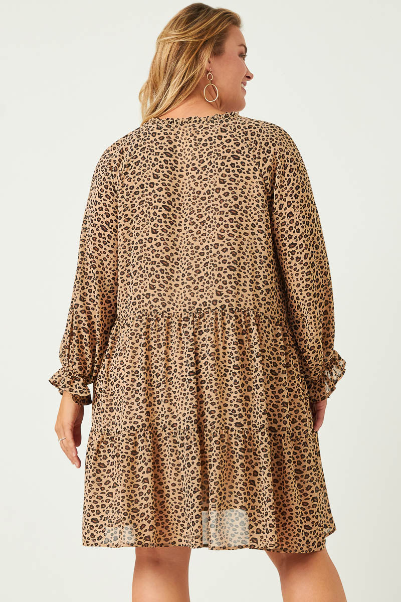 HN4129 LEOPARD Womens Leopard Print Tie Neck Ruffled Sleeve Dress Front