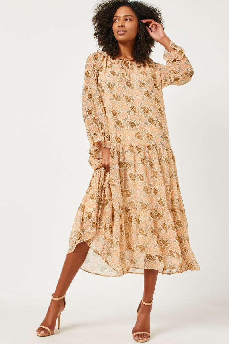 HN4180W Ivory Plus Ruffled Neck Paisley Print Long Sleeve Dress Side
