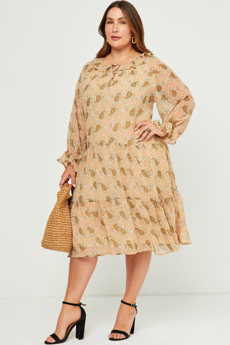 HN4180 Ivory Womens Ruffled Neck Paisley Print Long Sleeve Dress Full Body