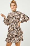 HN4189W BROWN Plus Foliage Print Long Sleeve Asymmetric Dress Full Body