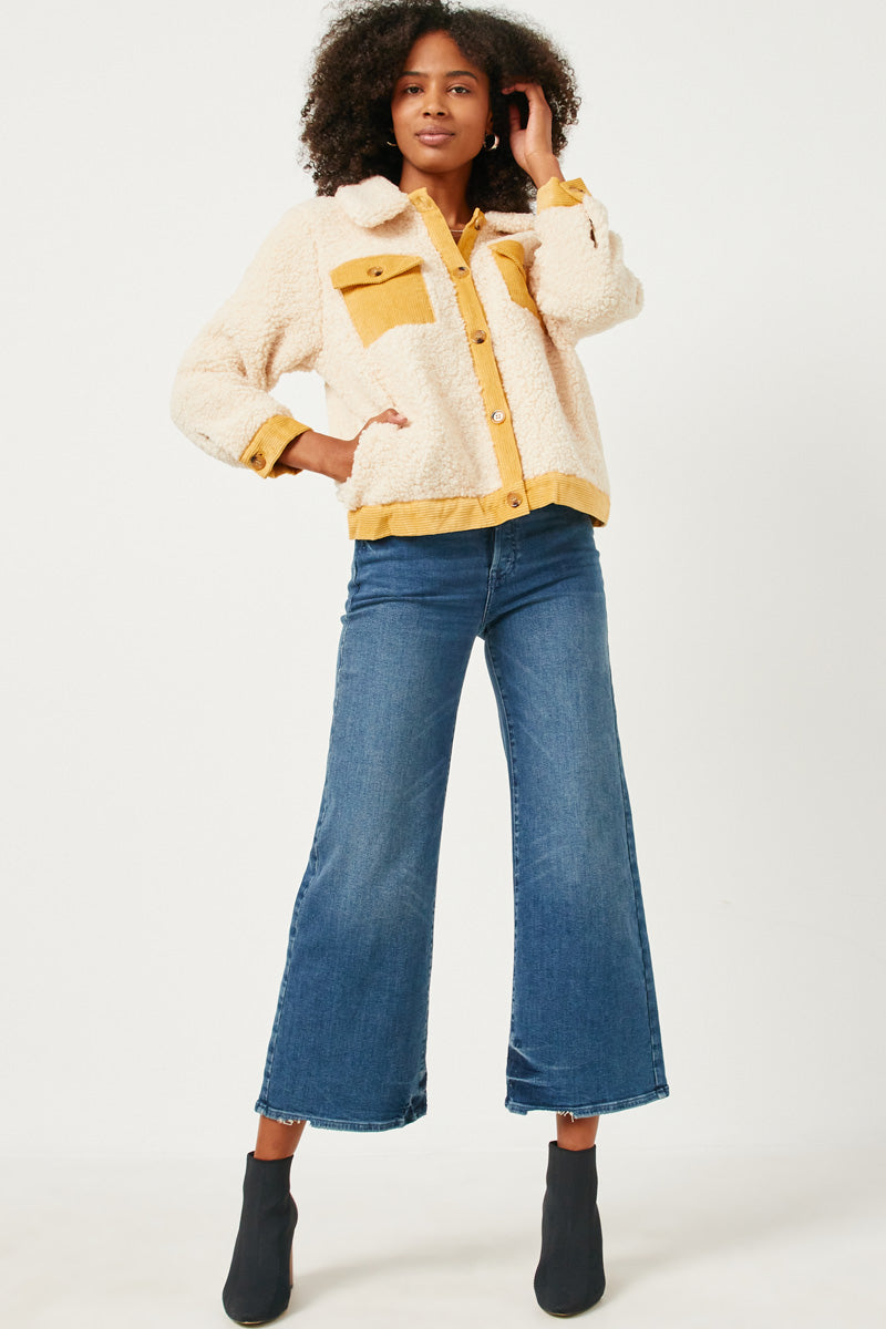 HN4284 Cream Womens Contrast Corduroy Trimmed Button Up Sherpa Jacket Full Body