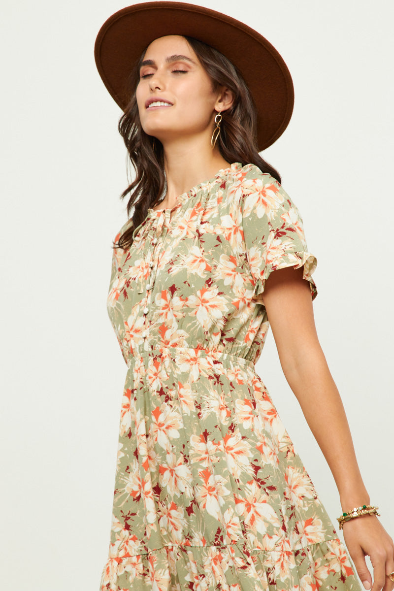 HN4524W Sage Plus Ruffled Tie Neck Cinch Waist Floral Print Dress Front